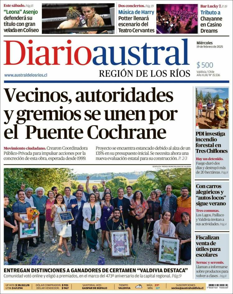 Portada de El Diario Austral de Valdivia (Chile)