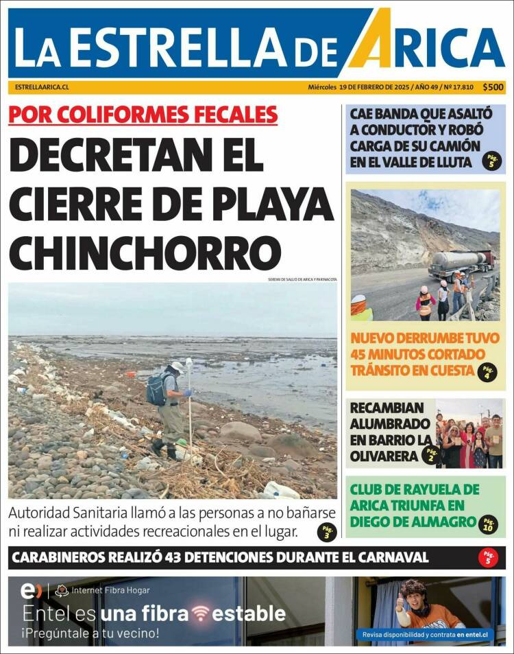 Portada de La Estrella de Arica (Chile)