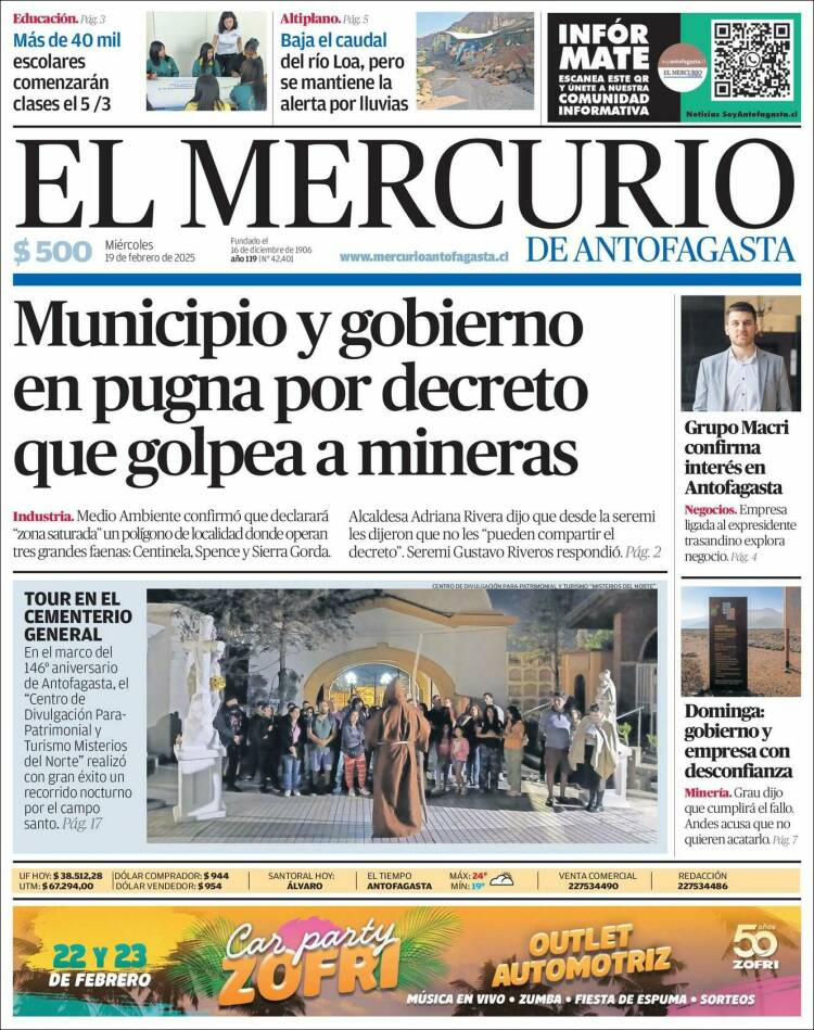 Portada de El Mercurio de Antofagasta (Chile)