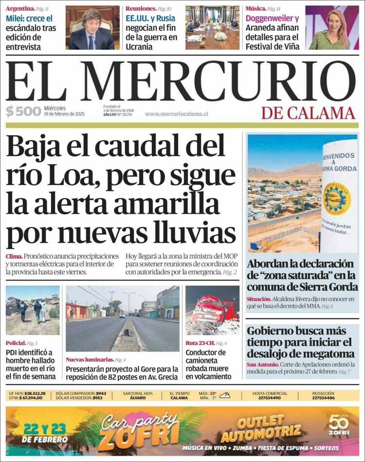 Portada de El Mercurio - Calama (Chile)