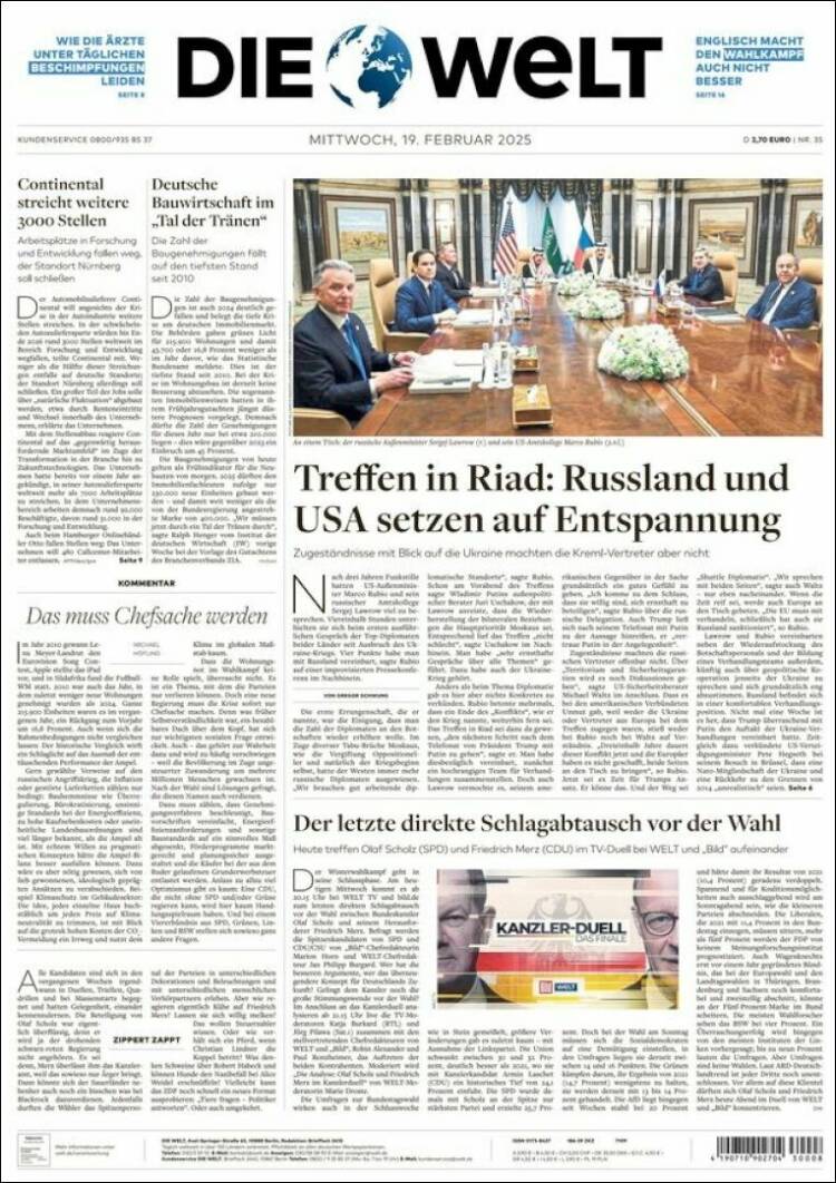 Portada de Die Welt (Alemania)