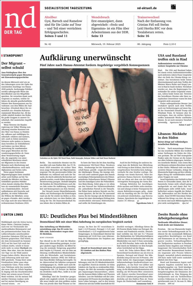 Portada de Neues Deutschland (Alemania)