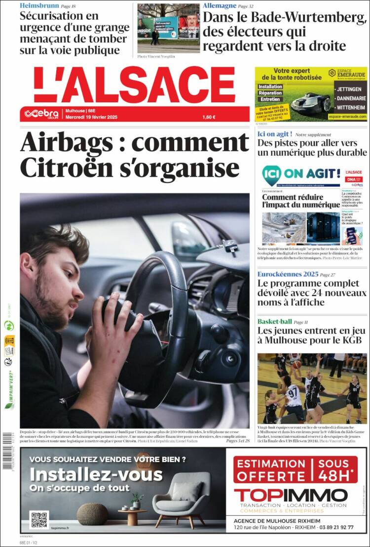 Portada de Journal L'Alsace (Francia)