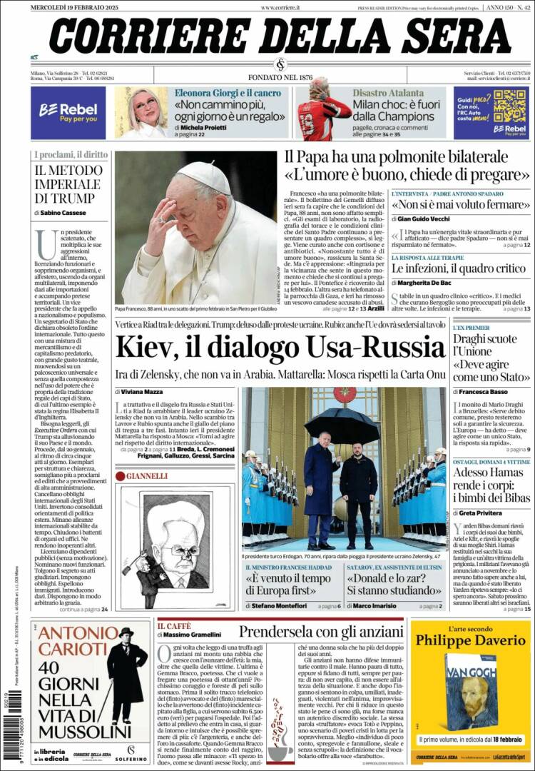 Portada de Corriere della Sera (Italia)