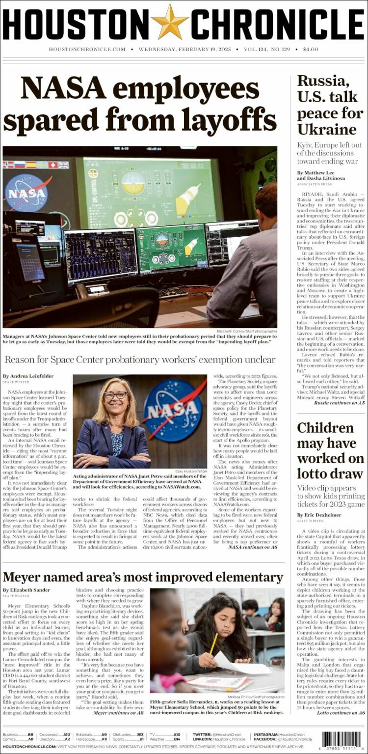 Portada de Houston Chronicle (USA)