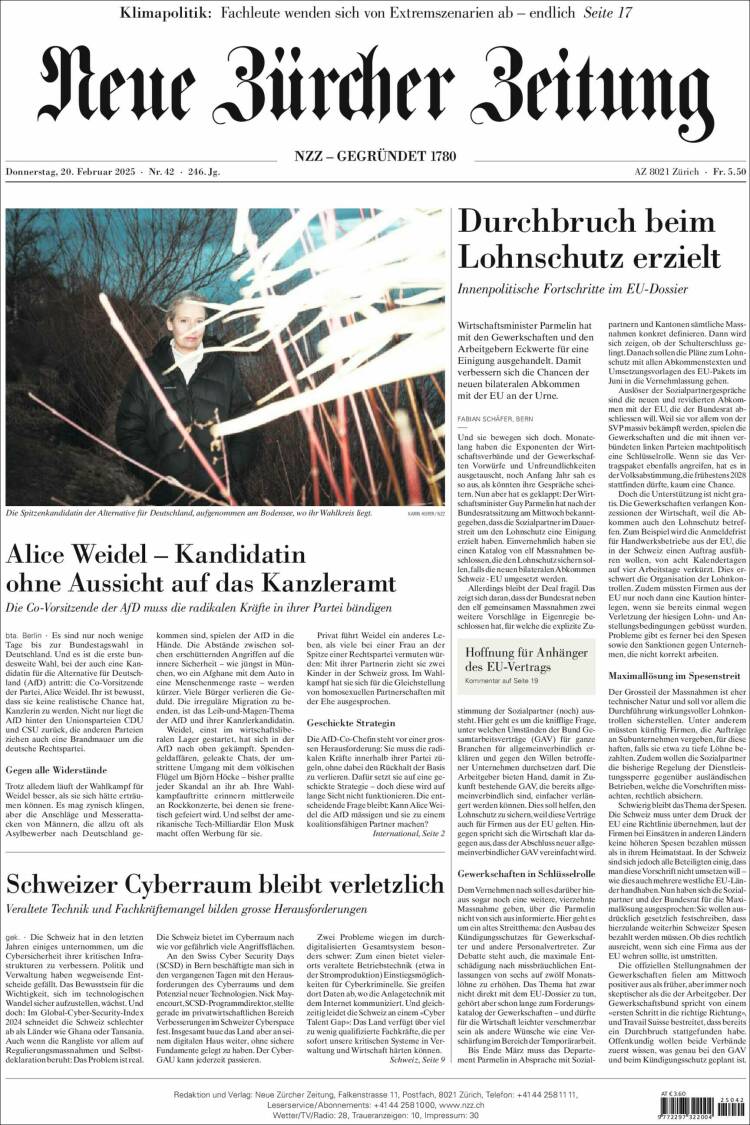 Portada de Neue Zürcher Zeitung (Switzerland)