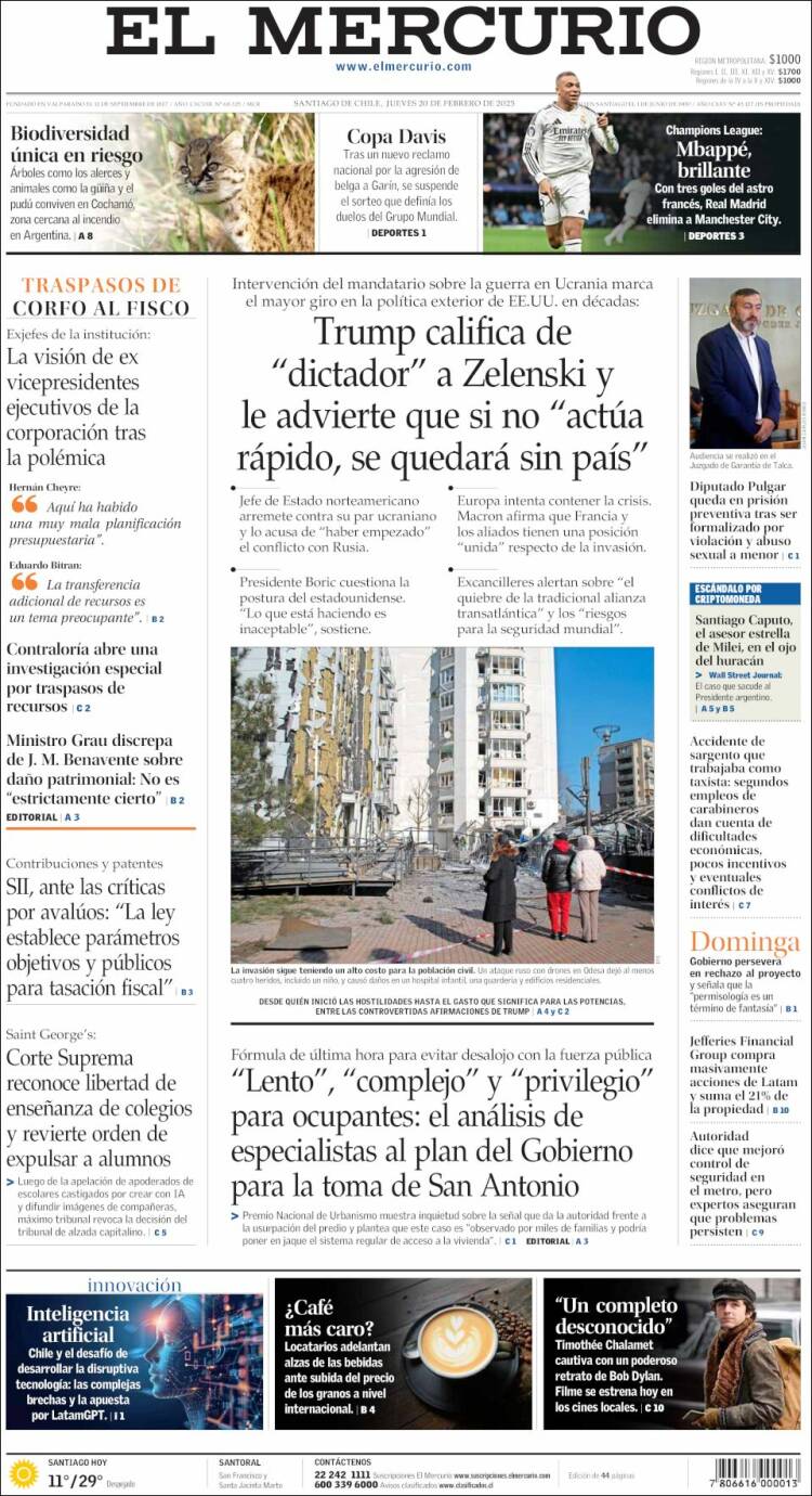 Portada de El Mercurio (Chile)