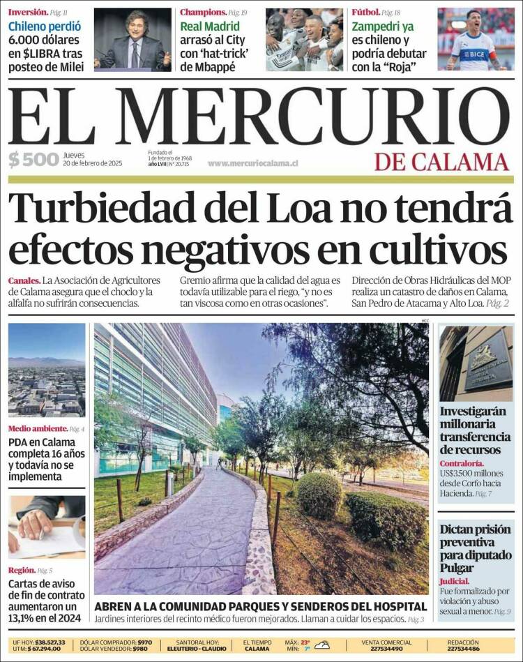 Portada de El Mercurio - Calama (Chile)