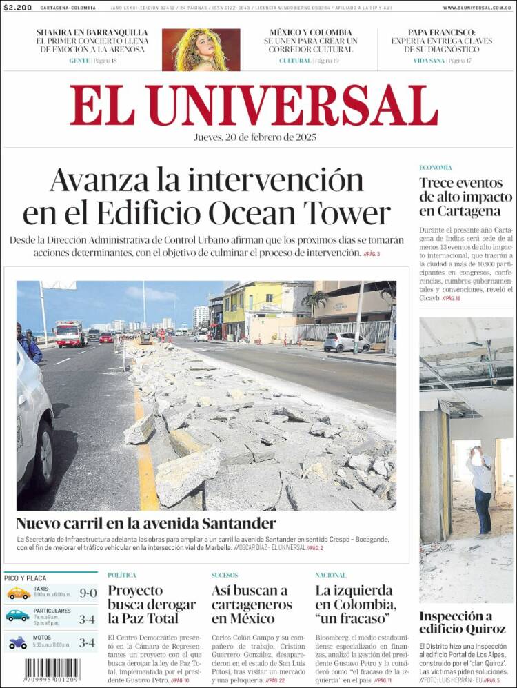 Portada de El Universal (Colombia)