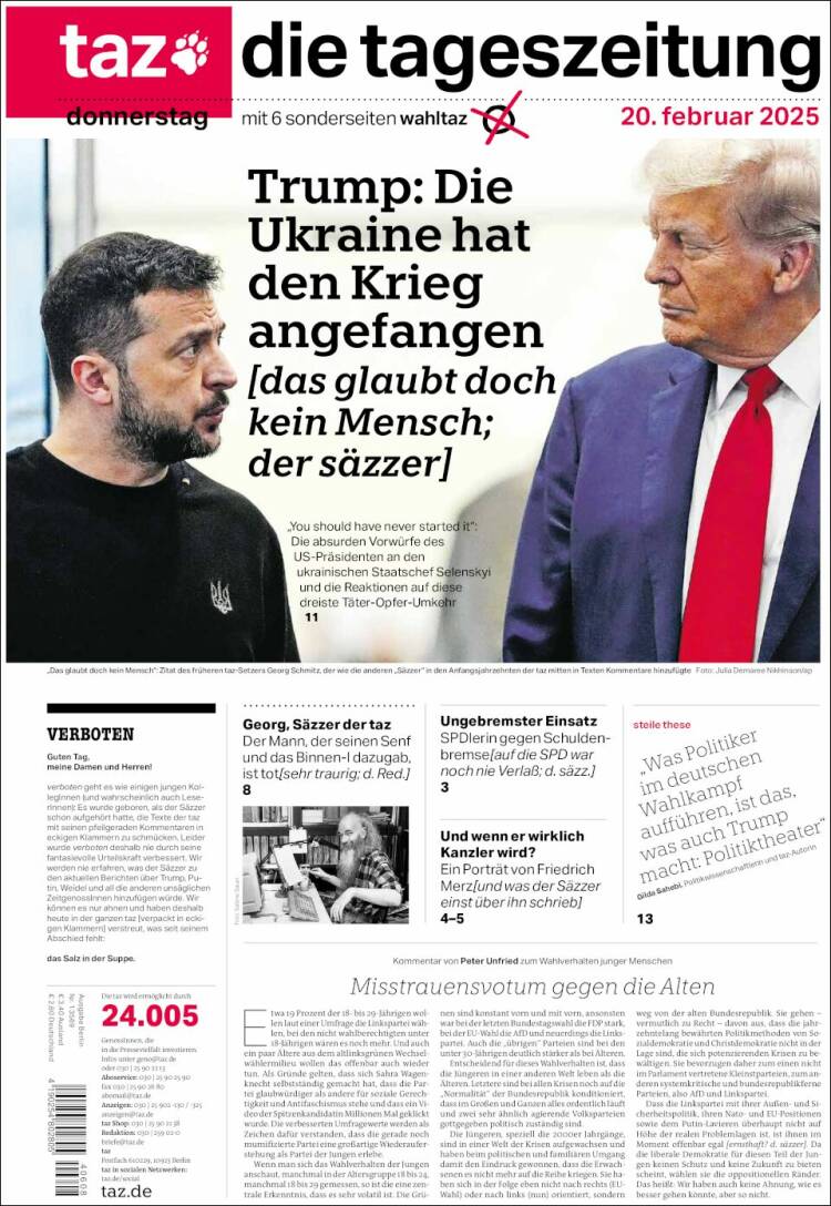 Portada de Die Tageszeitung (Alemania)