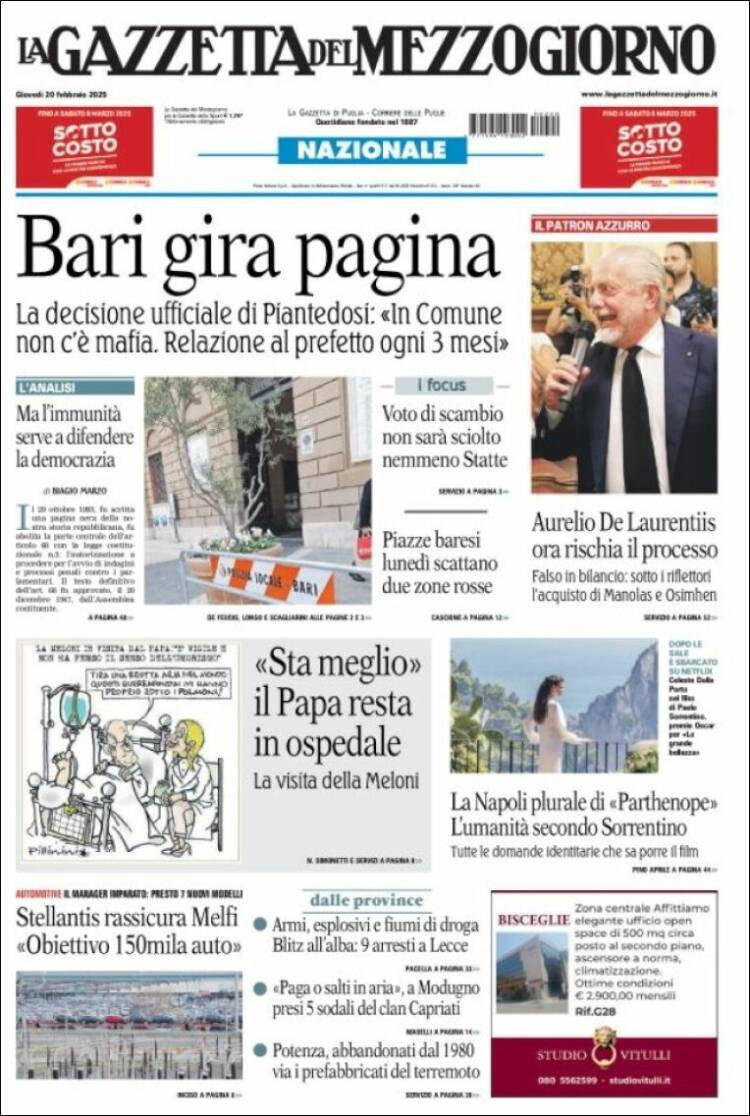 Portada de La Gazzetta del Mezzogiorno (Italia)