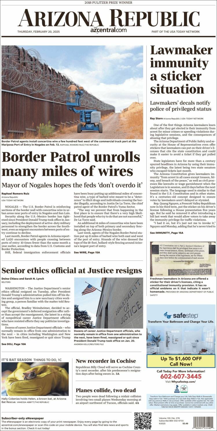 Portada de Arizona Republic News (USA)