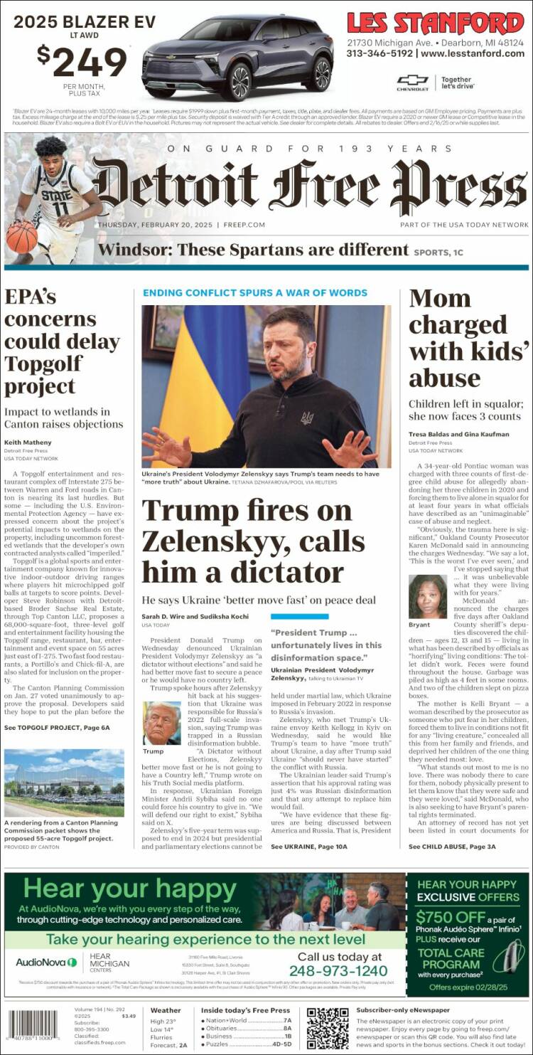 Portada de Detroit Free Press (USA)