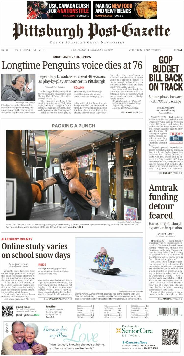 Portada de Pittsburgh Post-Gazette (USA)