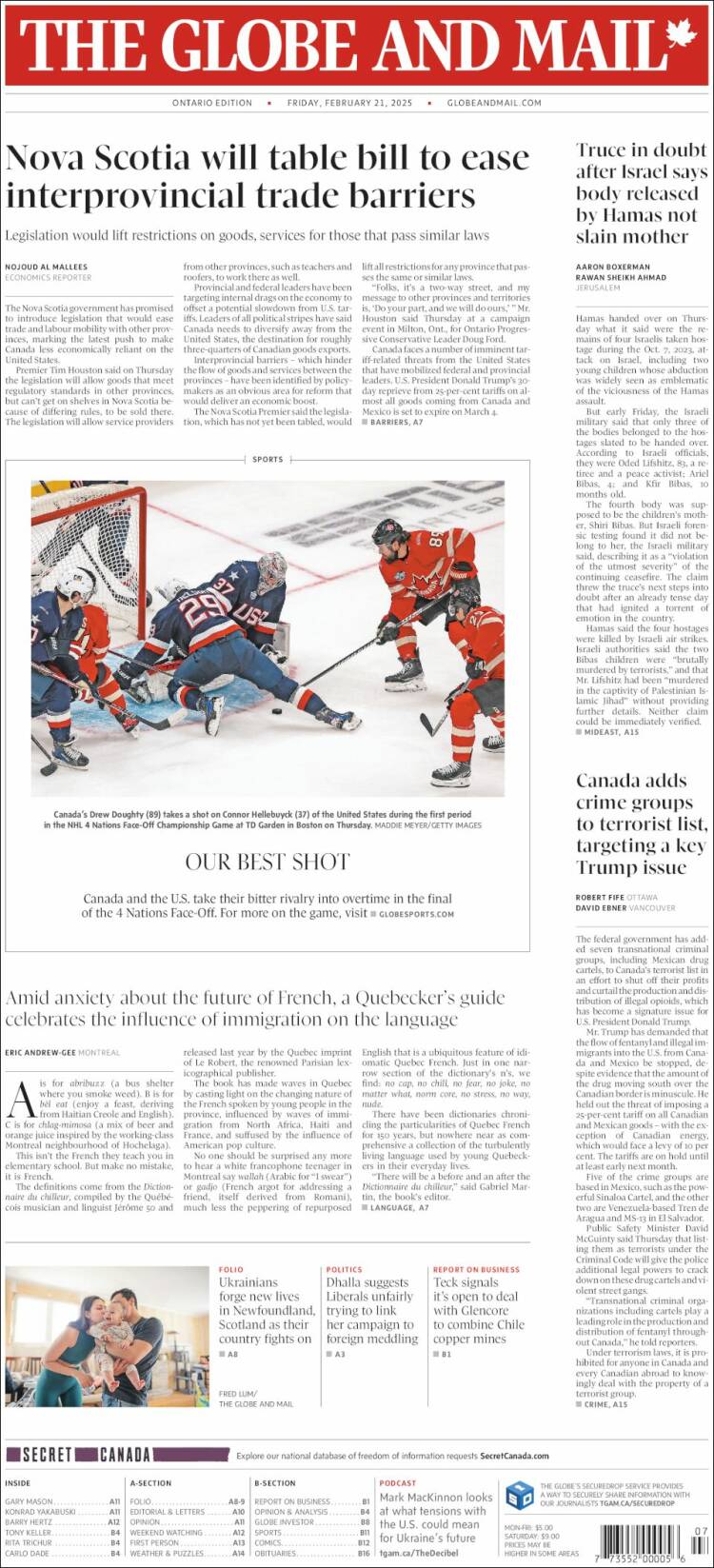 Portada de The Globe and Mail (Canada)