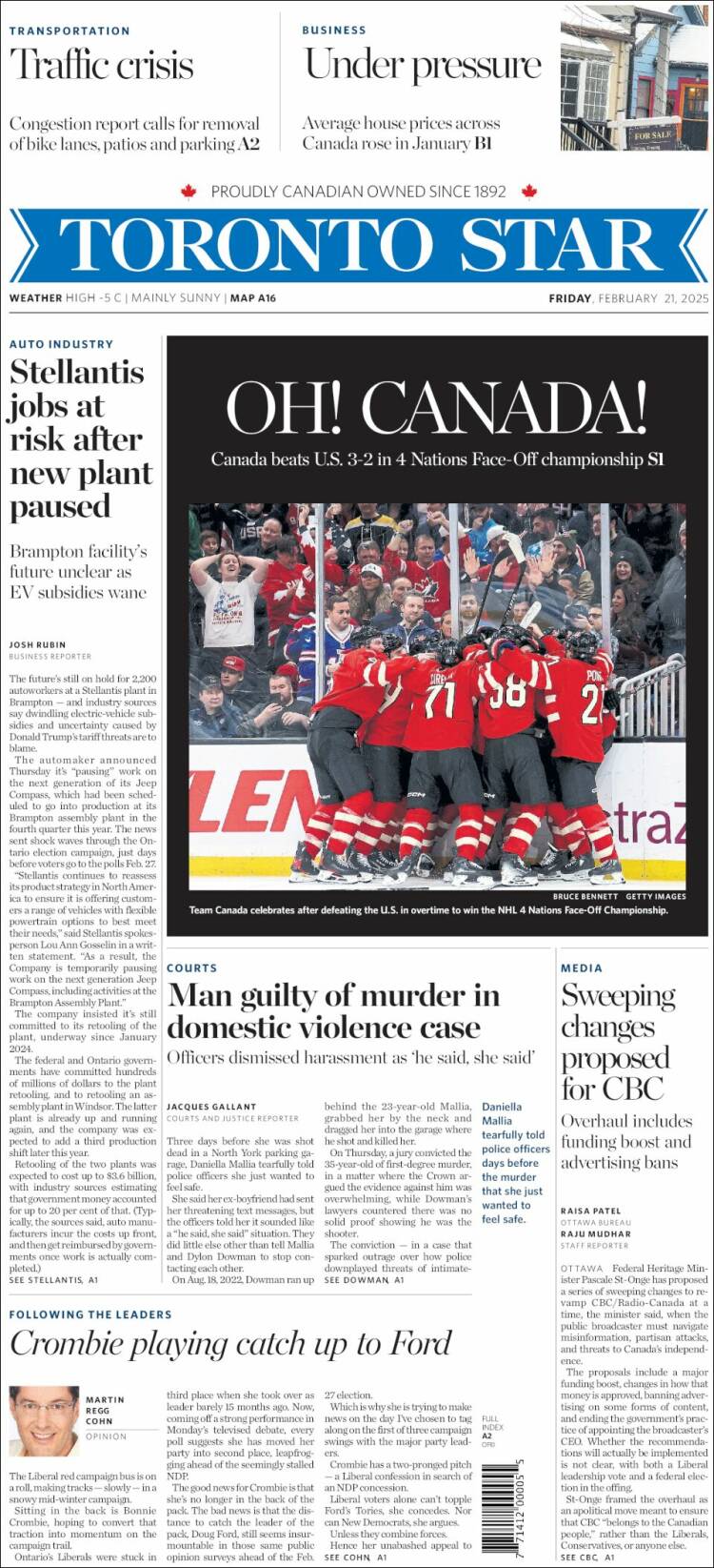 Portada de The Toronto Star (Canada)