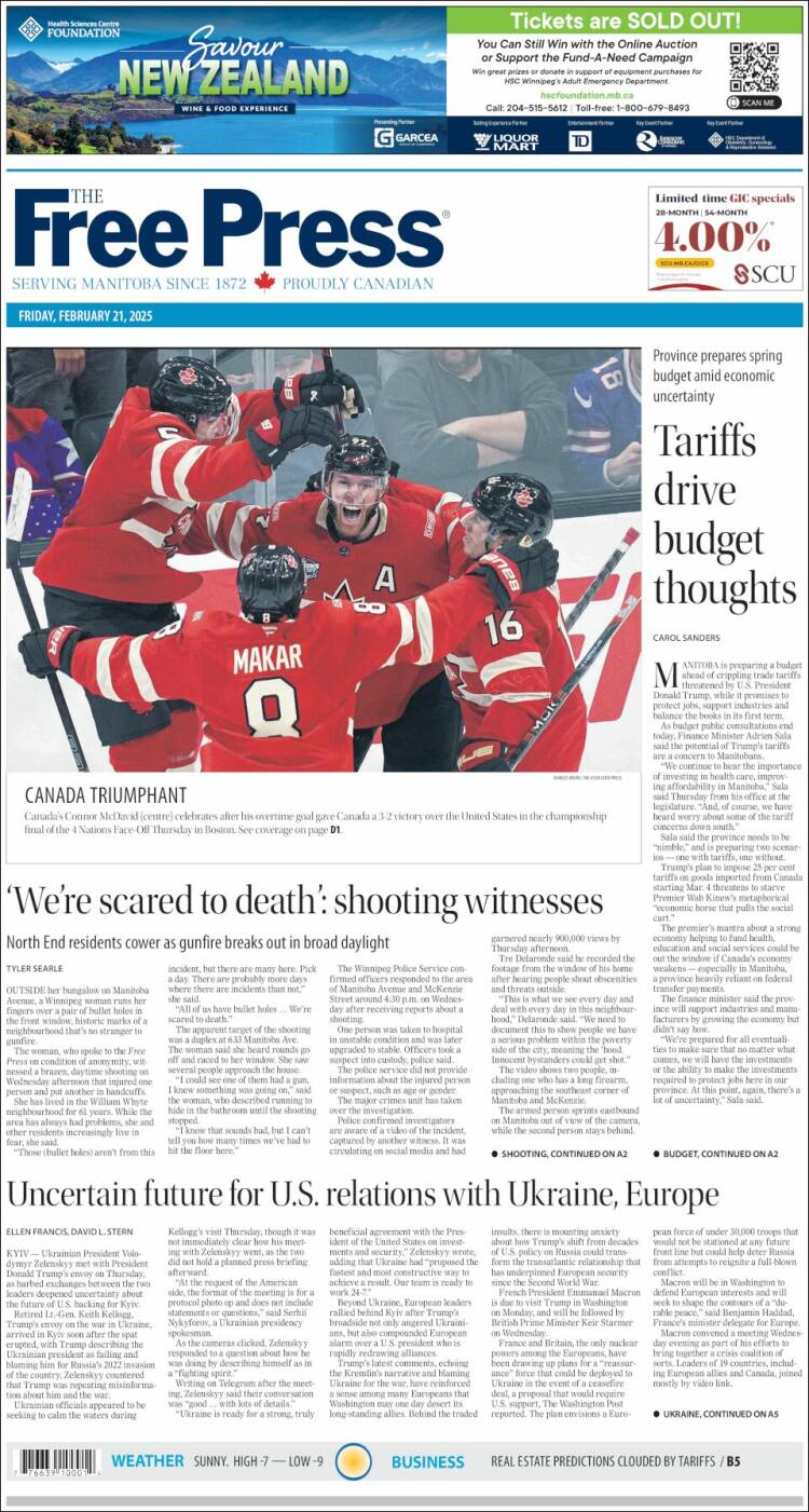 Portada de Winnipeg Free Press (Canada)