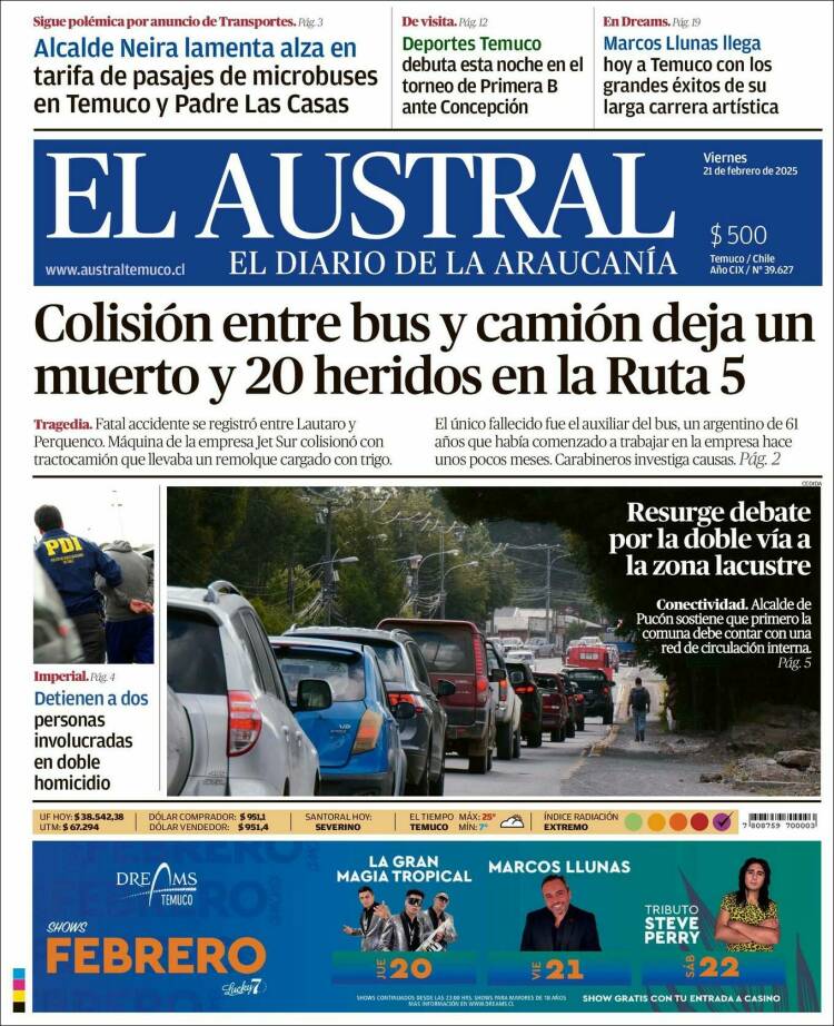 Portada de El Austral de Temuco (Chile)