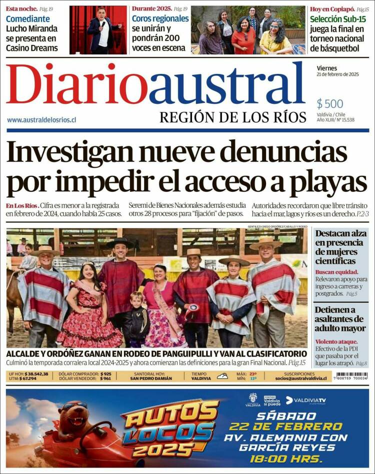 Portada de El Diario Austral de Valdivia (Chile)