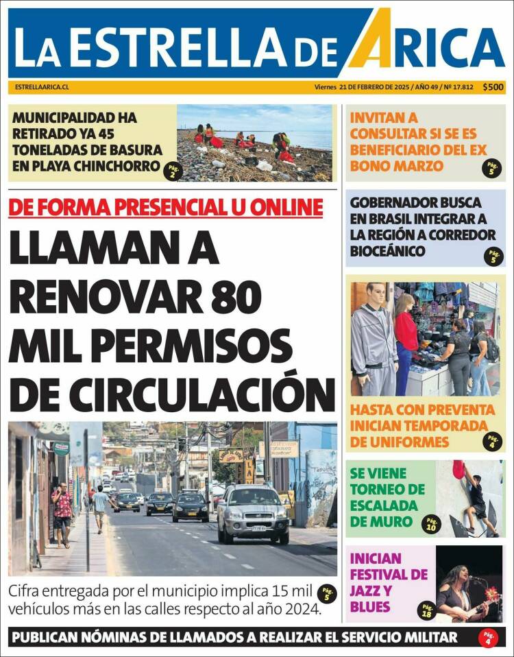 Portada de La Estrella de Arica (Chile)