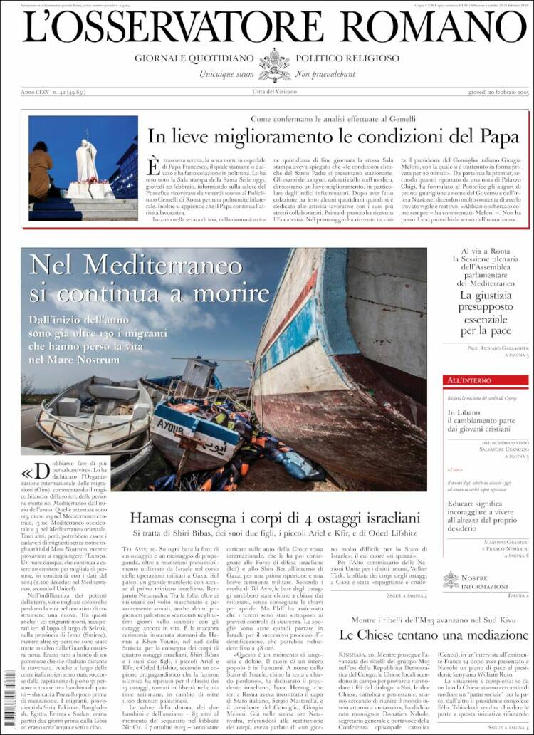 Portada de L'Osservatore Romano (Italia)