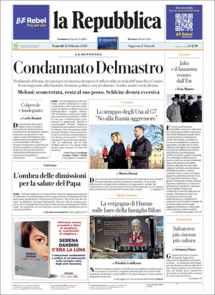 Portada de La Repubblica (Italy)