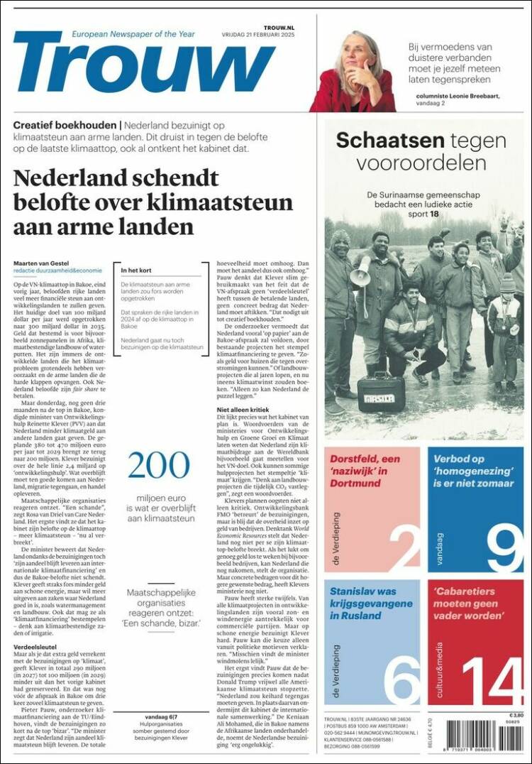 Portada de Trouw (Países Bajos)