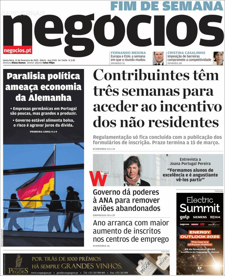 Portada de Jornal de Negócios (Portugal)