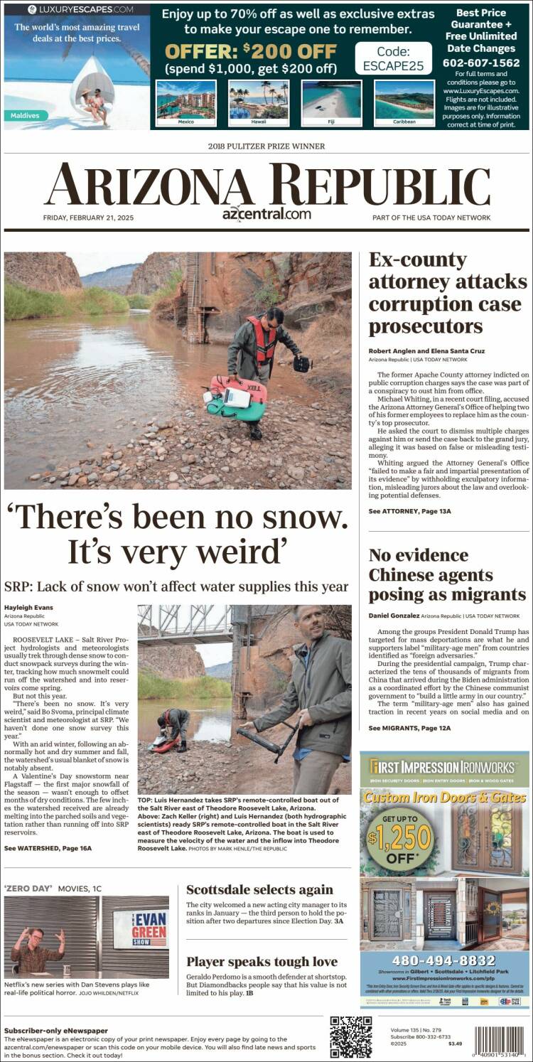 Portada de Arizona Republic News (USA)