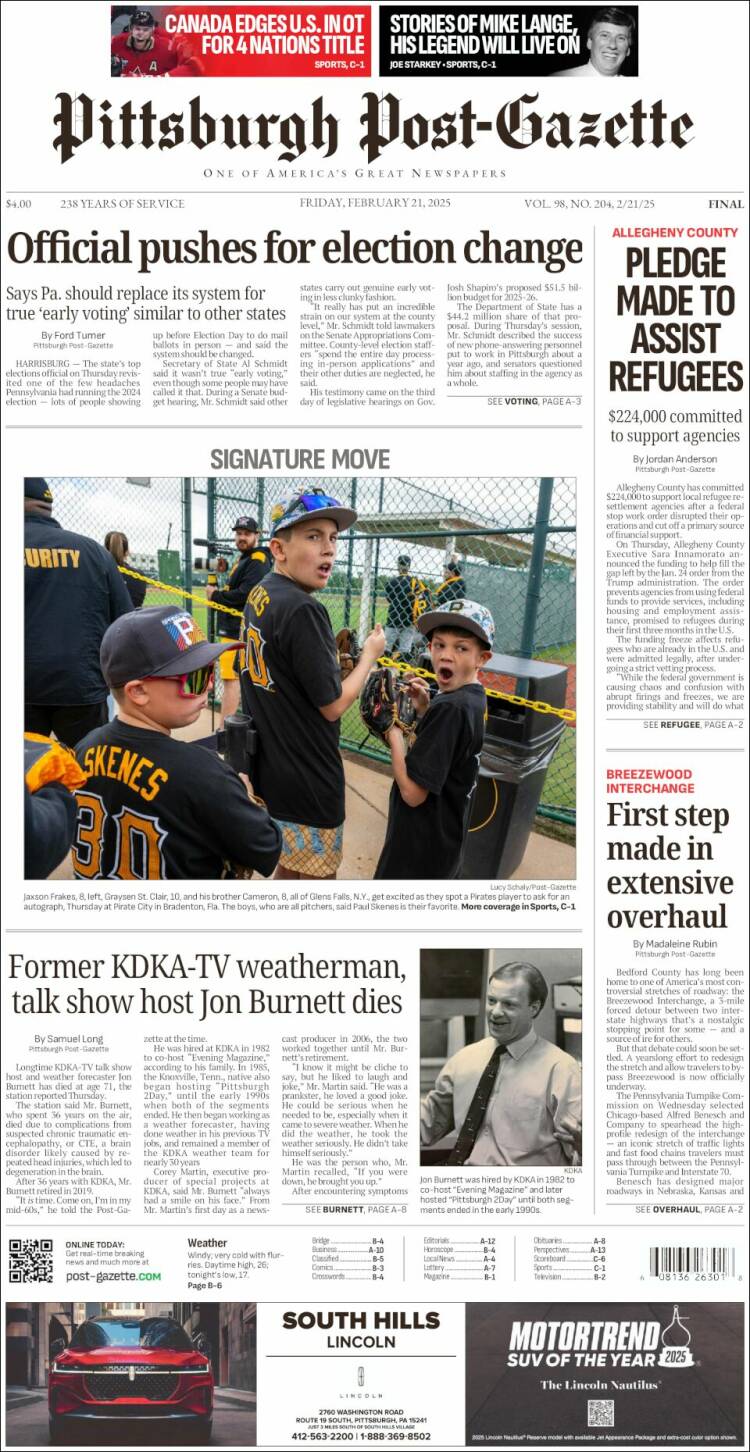 Portada de Pittsburgh Post-Gazette (USA)