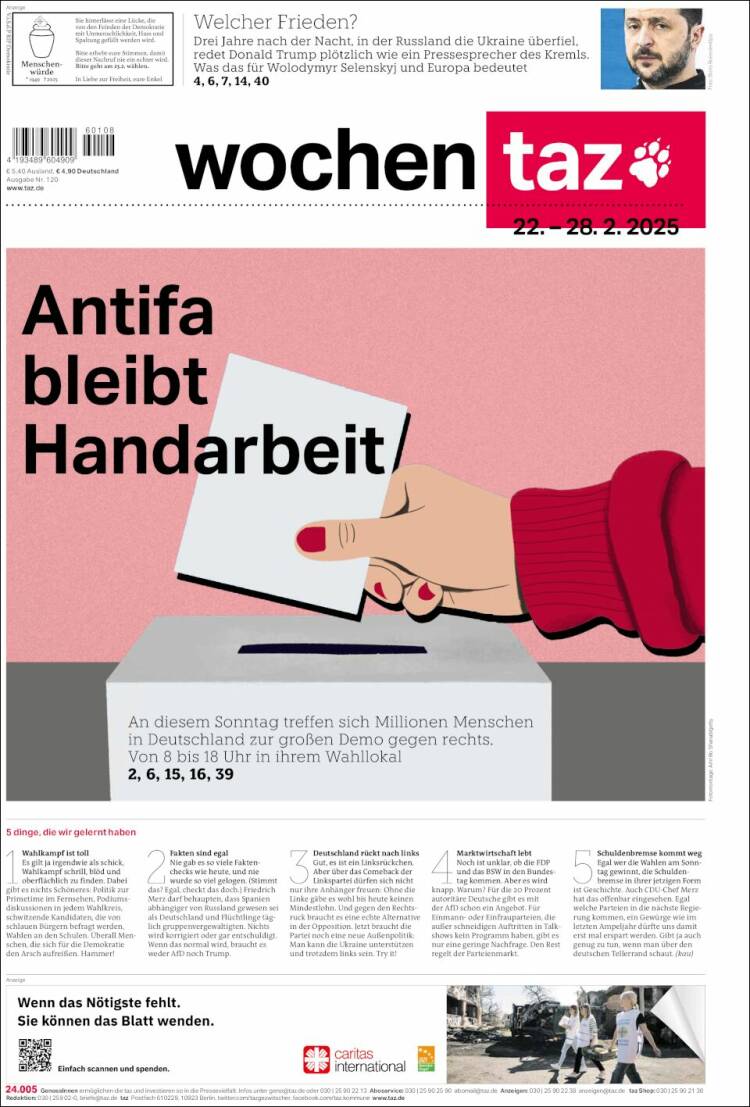 Portada de Die Tageszeitung (Alemania)