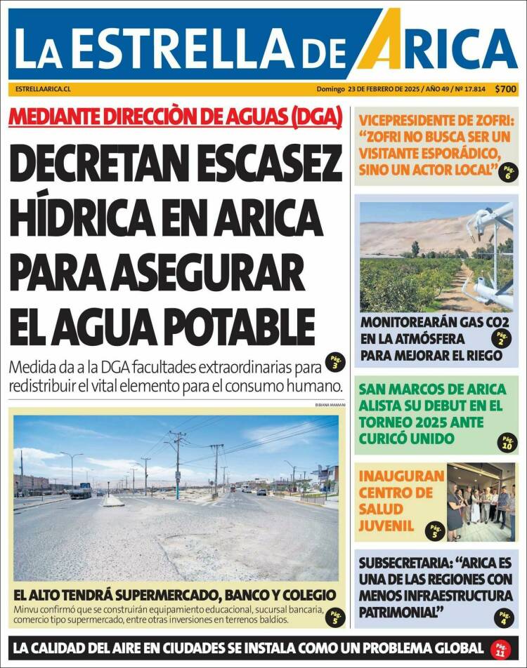 Portada de La Estrella de Arica (Chile)