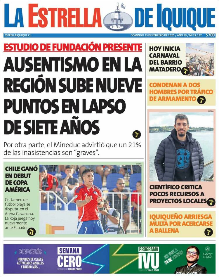 Portada de La Estrella de Iquique (Chile)