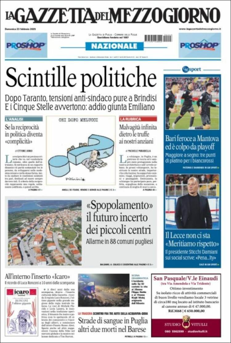 Portada de La Gazzetta del Mezzogiorno (Italia)