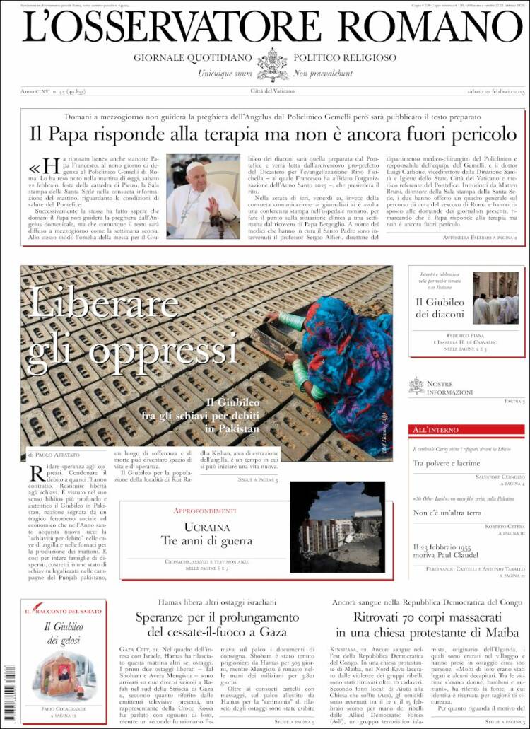 Portada de L'Osservatore Romano (Italia)