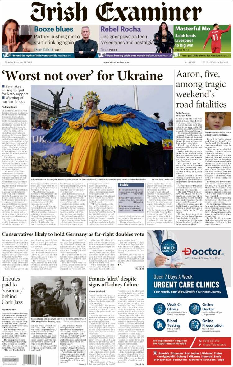 Portada de Irish Examiner (Irlanda)