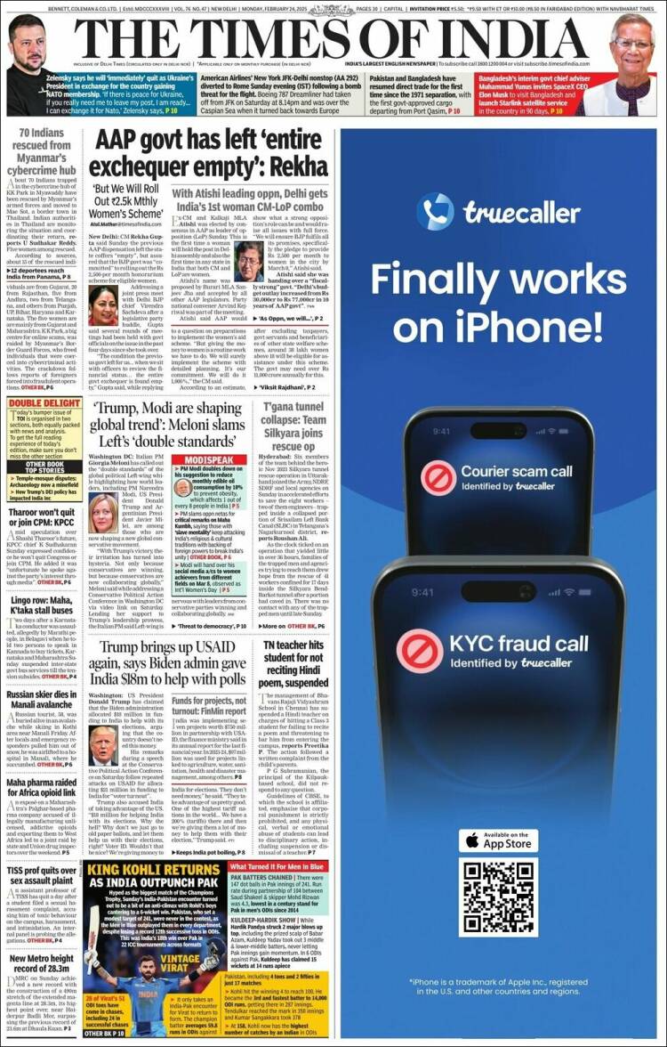 Portada de The Times of India (India)