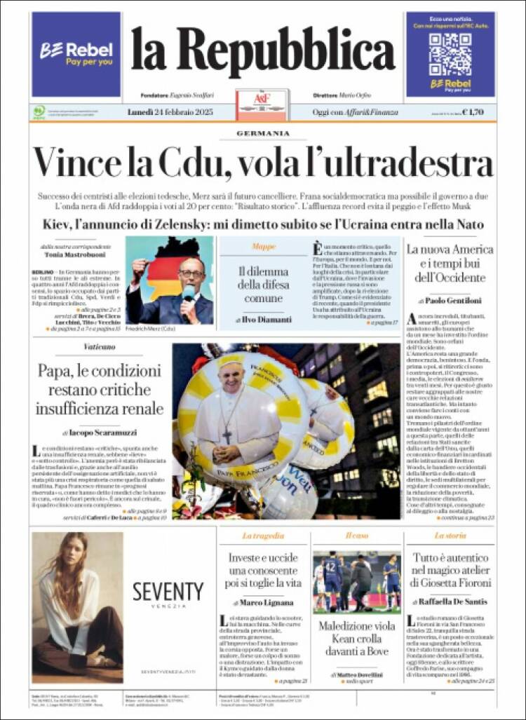 Portada de La Repubblica (Italie)