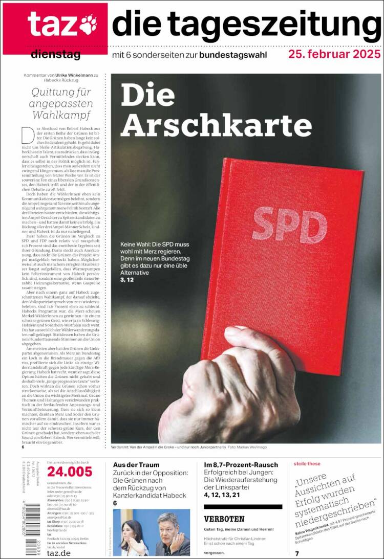 Portada de Die Tageszeitung (Alemania)