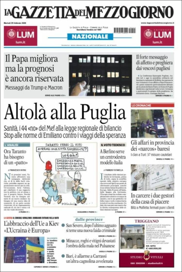 Portada de La Gazzetta del Mezzogiorno (Italia)