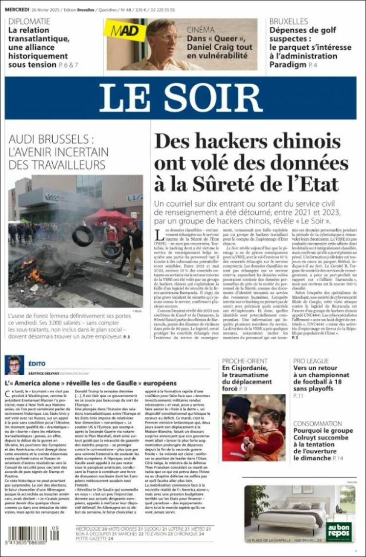 Portada de Le Soir (Belgique)