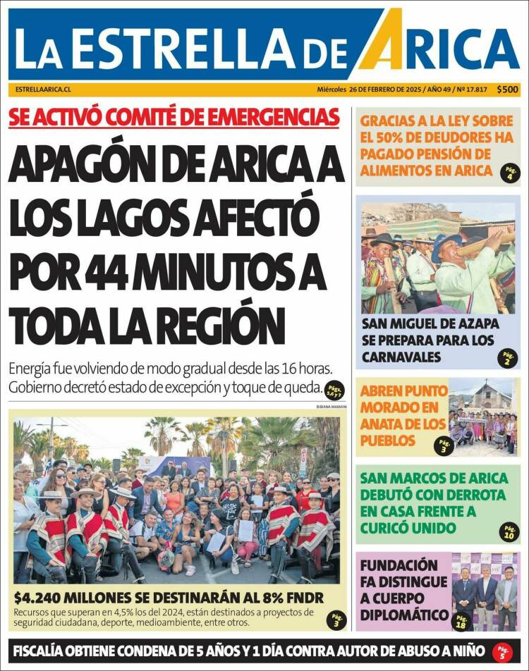 Portada de La Estrella de Arica (Chile)