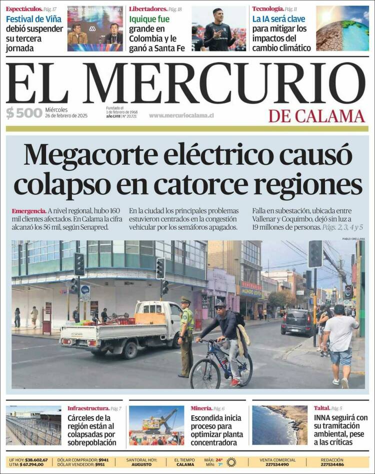 Portada de El Mercurio - Calama (Chile)