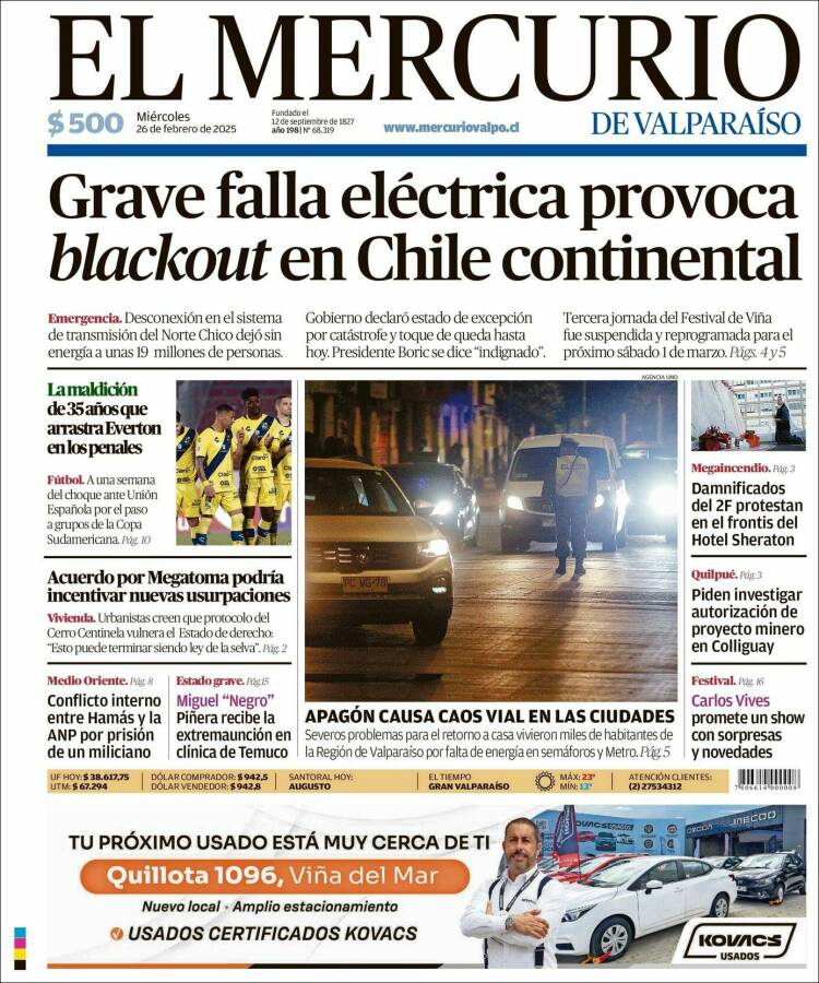 Portada de Mercurio de Valparaiso (Chile)
