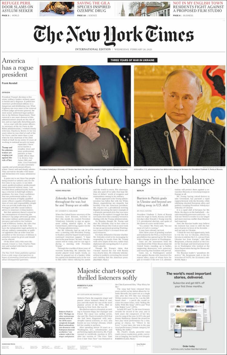 Portada de International New York Times (Europa)