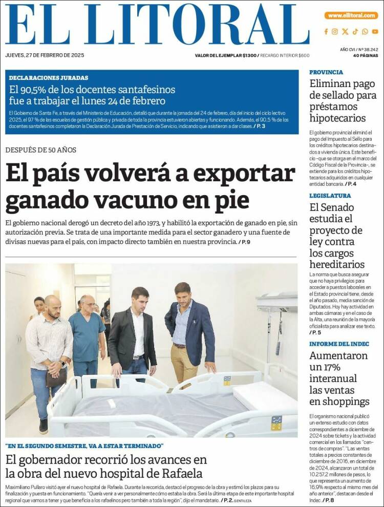 Portada de Diario El Litoral (Argentina)