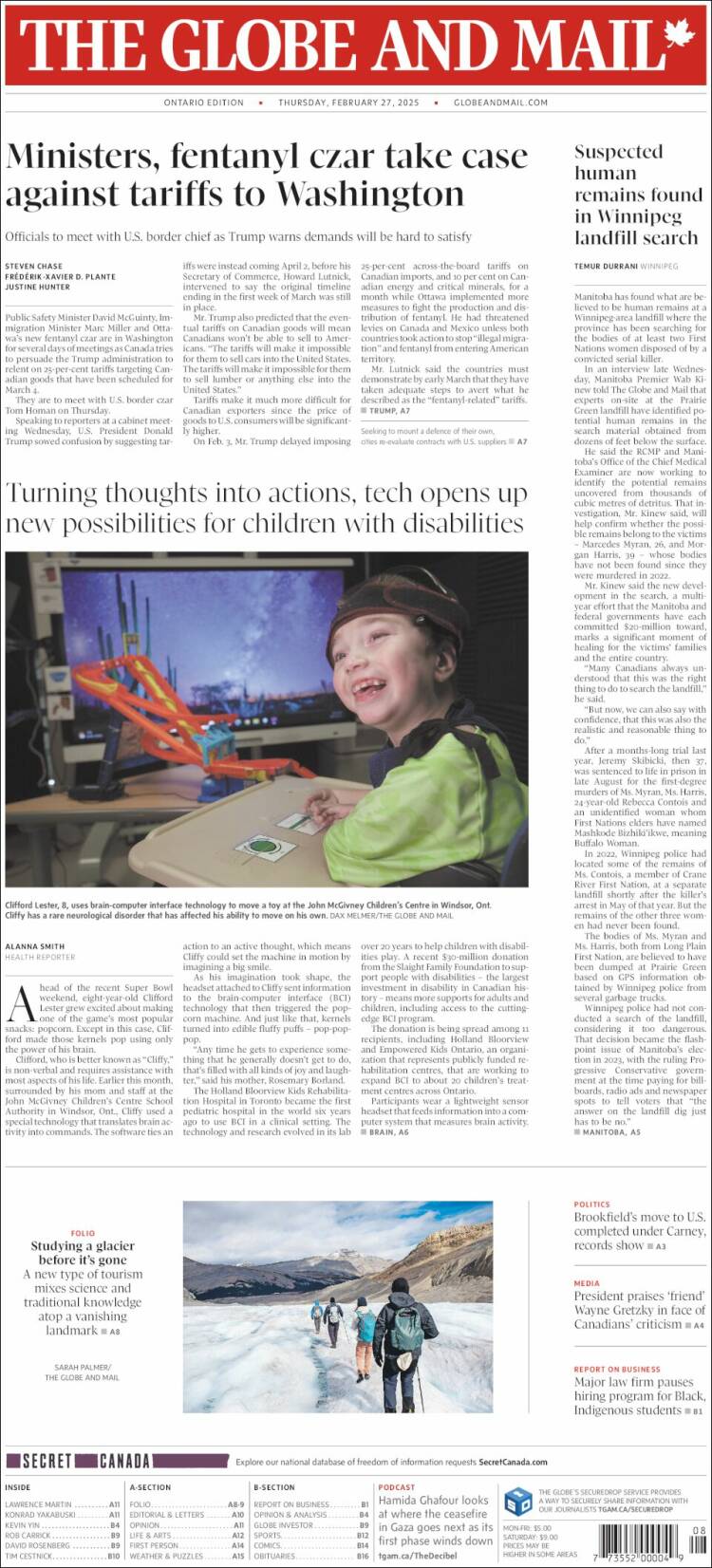 Portada de The Globe and Mail (Canadá)