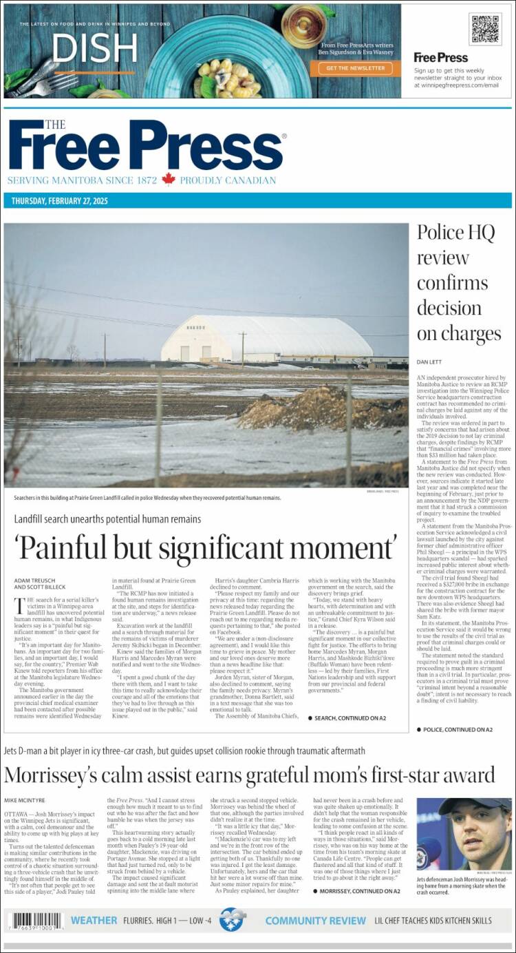 Portada de Winnipeg Free Press (Canadá)