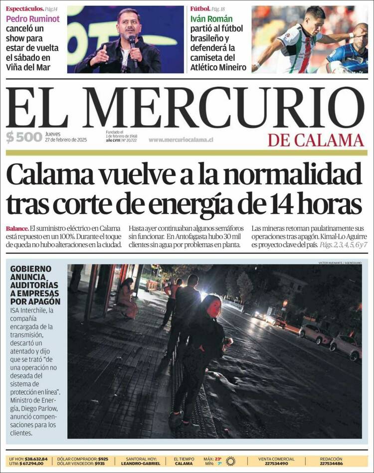 Portada de El Mercurio - Calama (Chile)