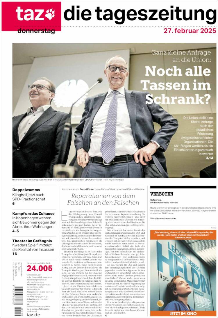 Portada de Die Tageszeitung (Alemania)